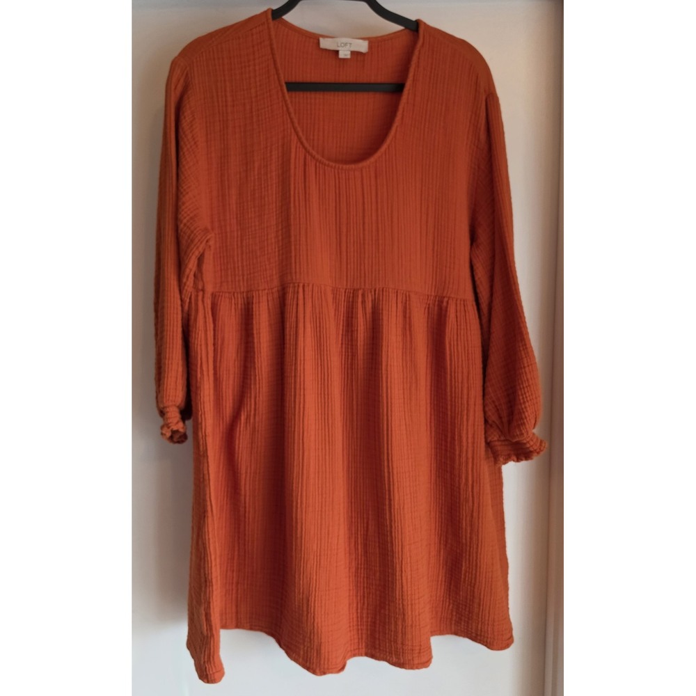 LOFT Women Long Sleeve Cotton Dress Size L Orange Solid Round Neck Midi